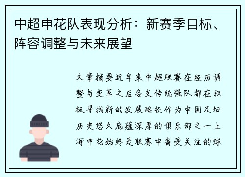 中超申花队表现分析:新赛季目标、阵容调整与未来展望 中超申花队表现分析:新赛季目标、阵容调整与未来展望