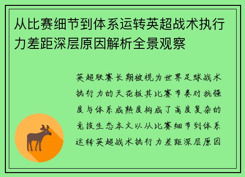 从比赛细节到体系运转英超战术执行力差距深层原因解析全景观察