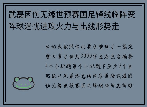 武磊因伤无缘世预赛国足锋线临阵变阵球迷忧进攻火力与出线形势走